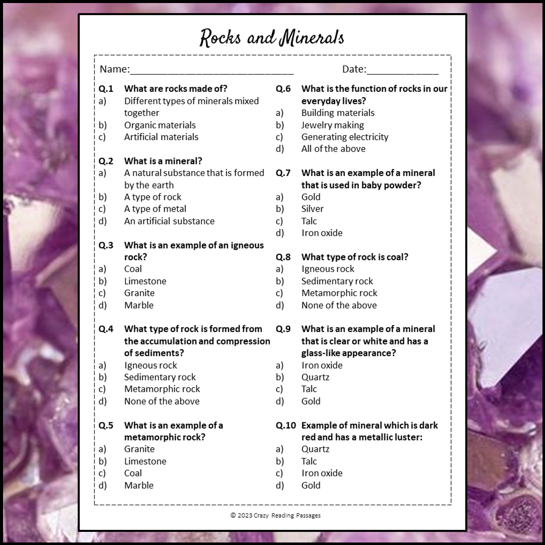 Science Reading Passage 37 Properties Of Rocks And Minerals PDF Worksheets Library