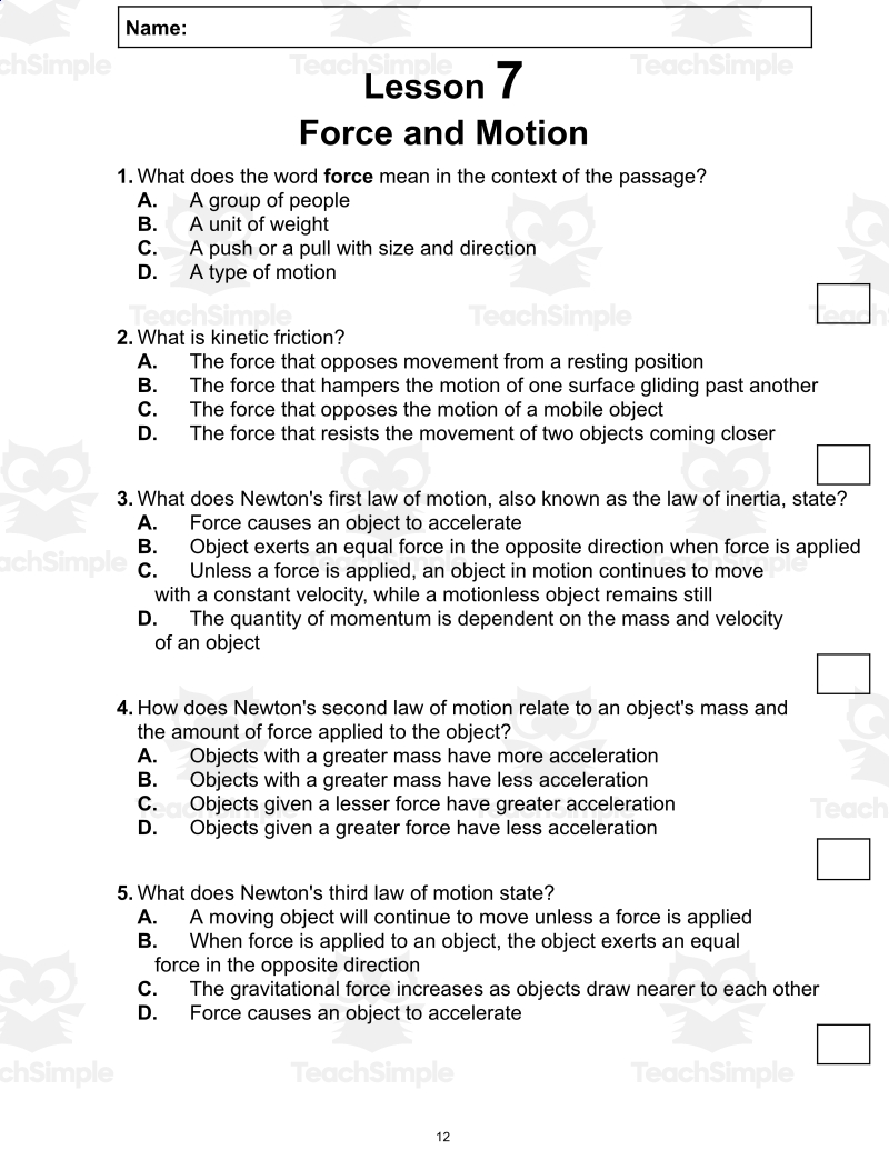 Force Reading Comprehension Worksheet