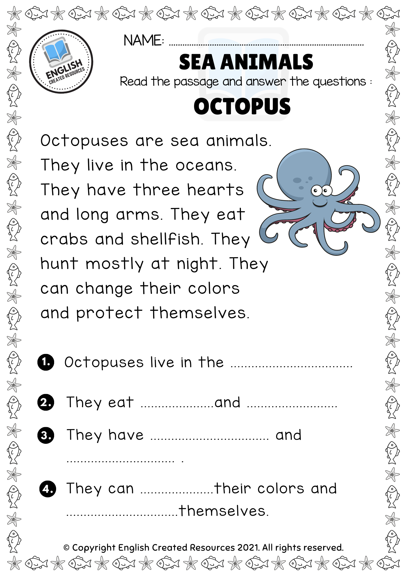Sea Animals Reading Comprehension English Created Resources
