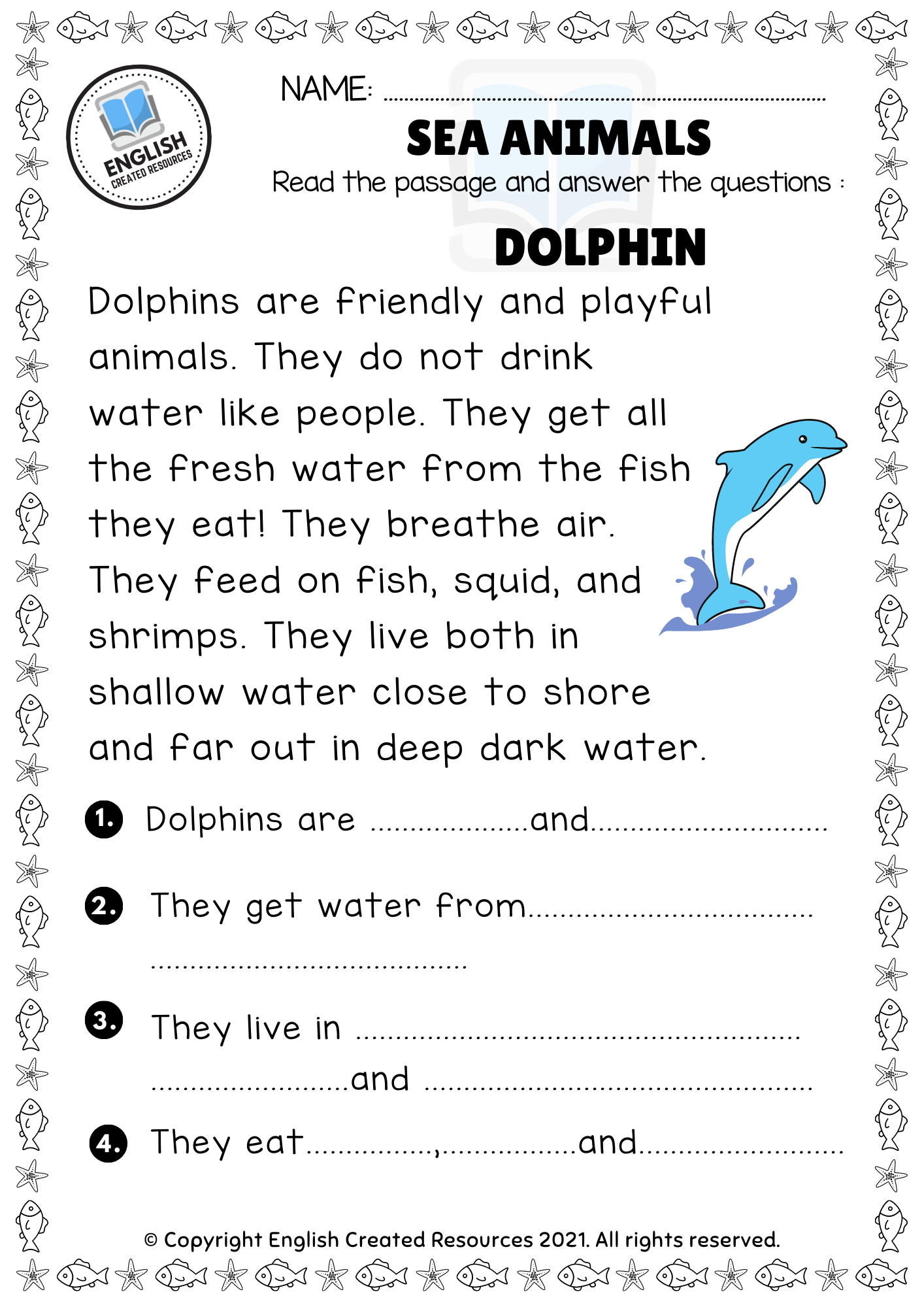 Sea Animals Reading Comprehension English Created Resources