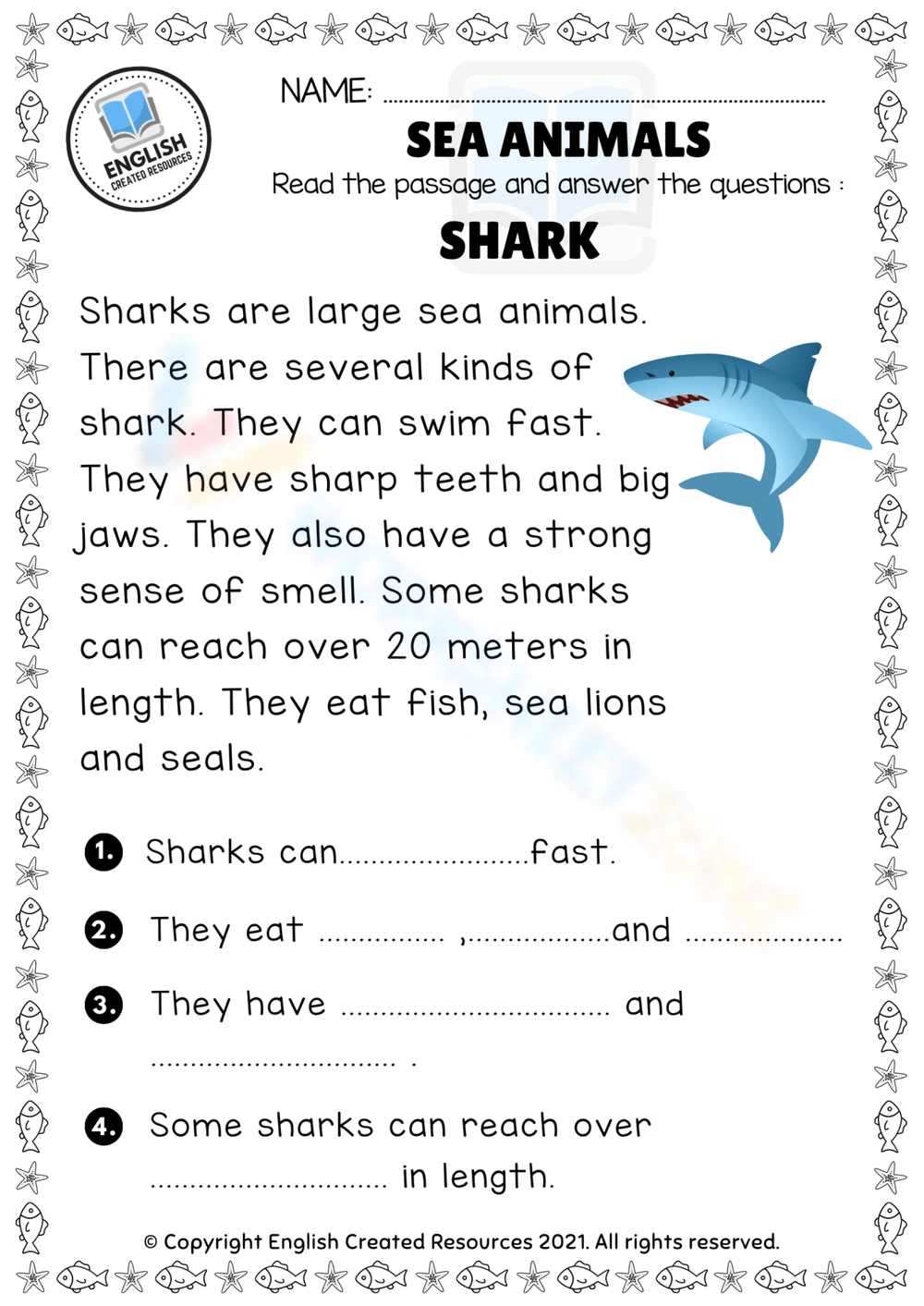 Sea Animals Reading Comprehension Worksheets 2025