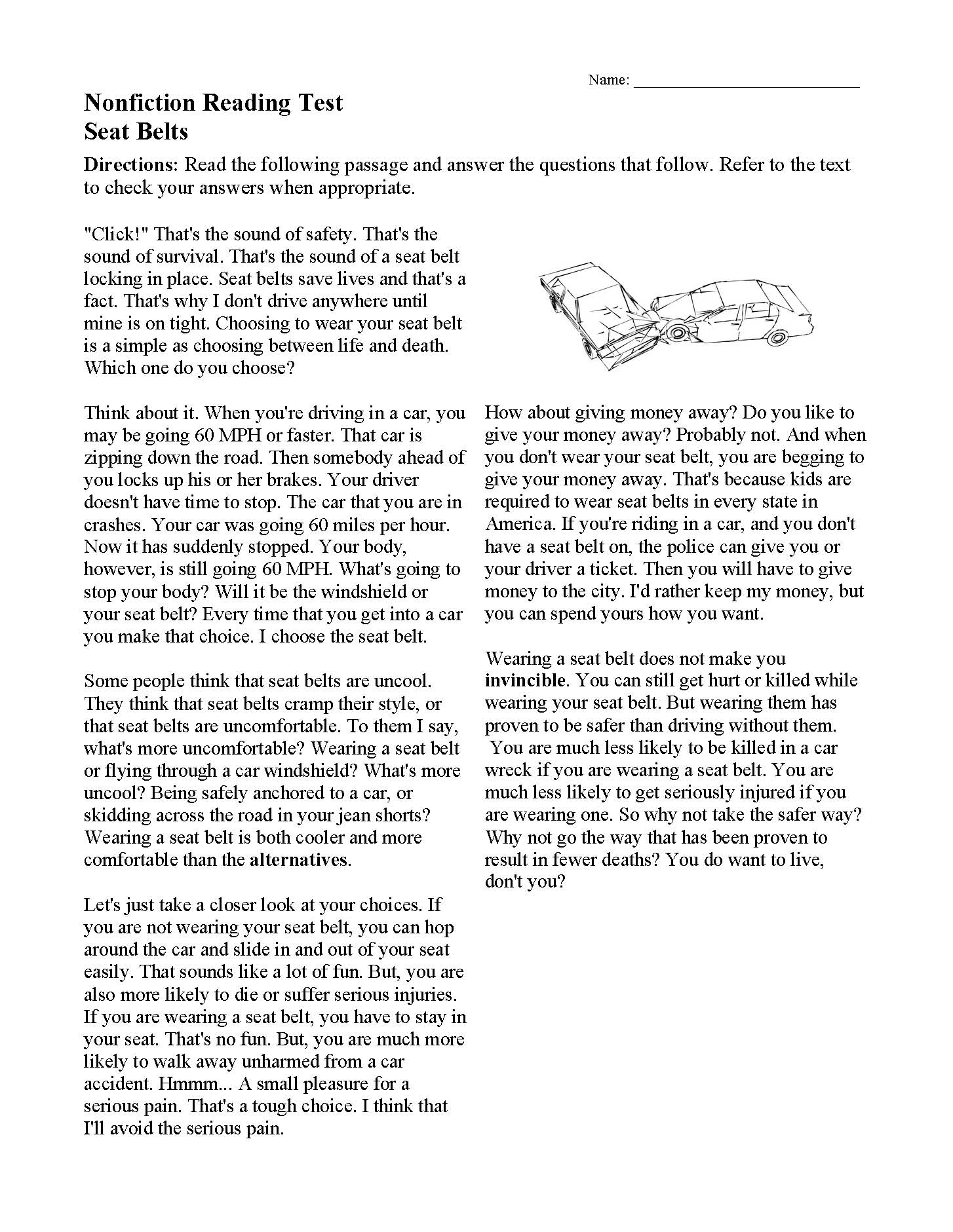 Seat Belts Nonfiction Reading Activity