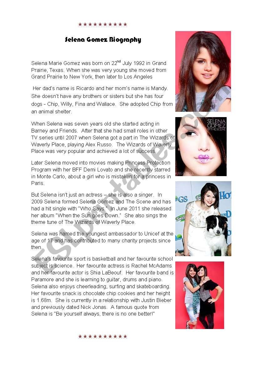 Selena Gomez Biography And Factfile ESL Worksheet By F1Girl1982