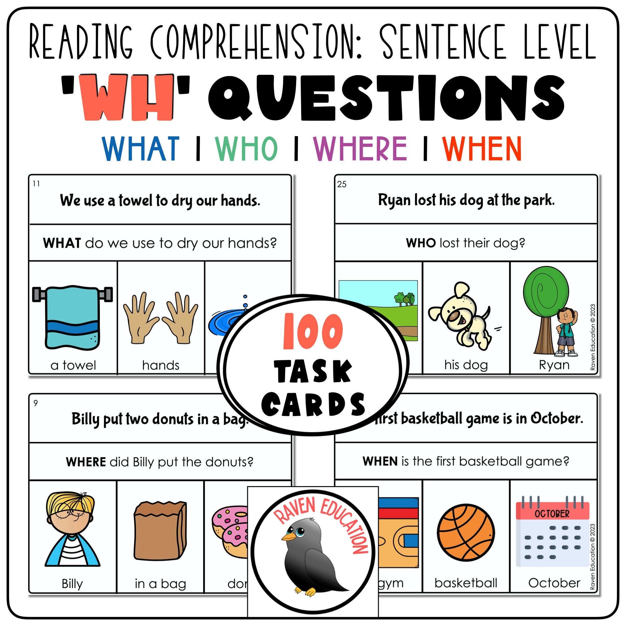 Sentence Level Reading Comprehension Wh questions what Who Where When 100 Task Cards Etsy