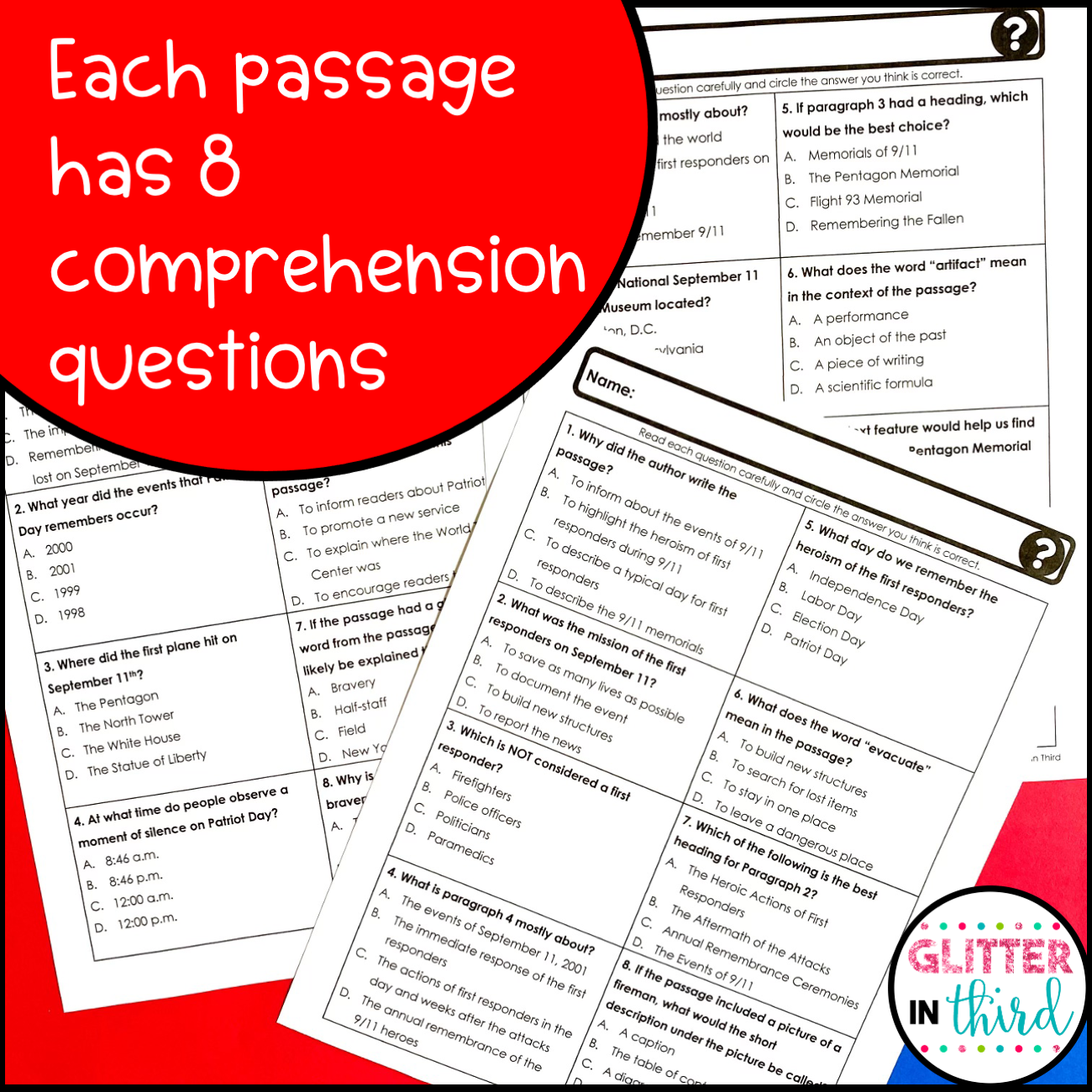September 11 Patriot Day Reading Comprehension Passages Activities 