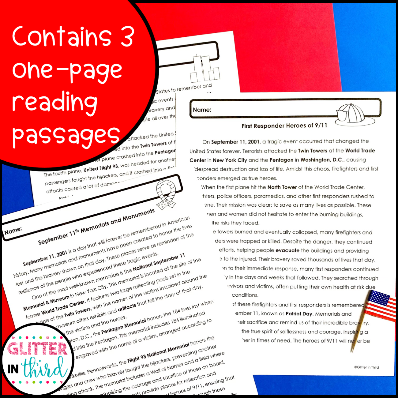 September 11 Patriot Day Reading Comprehension Passages Activities Worksheets Glitter In Third