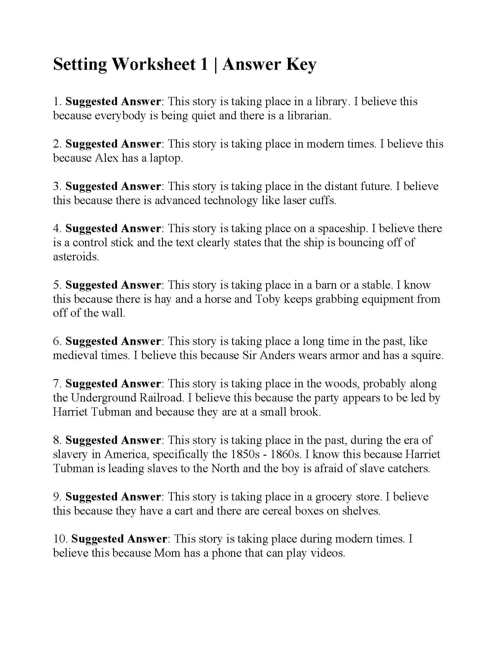 Setting Worksheet 1 Reading Activity