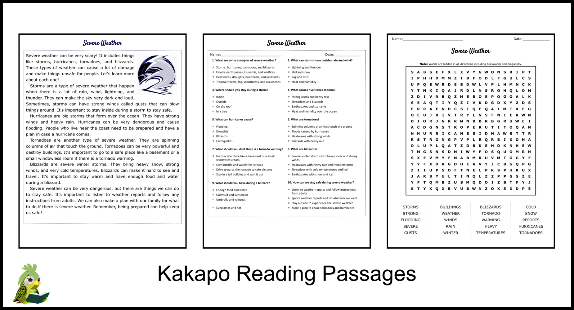 Severe Weather Reading Comprehension And Word Search Teaching Resources