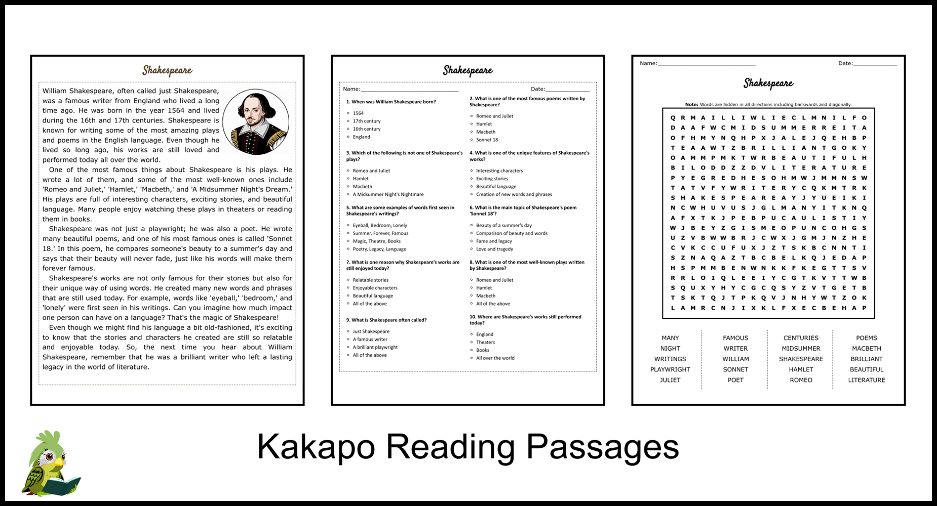 Shakespeare Reading Comprehension Worksheets