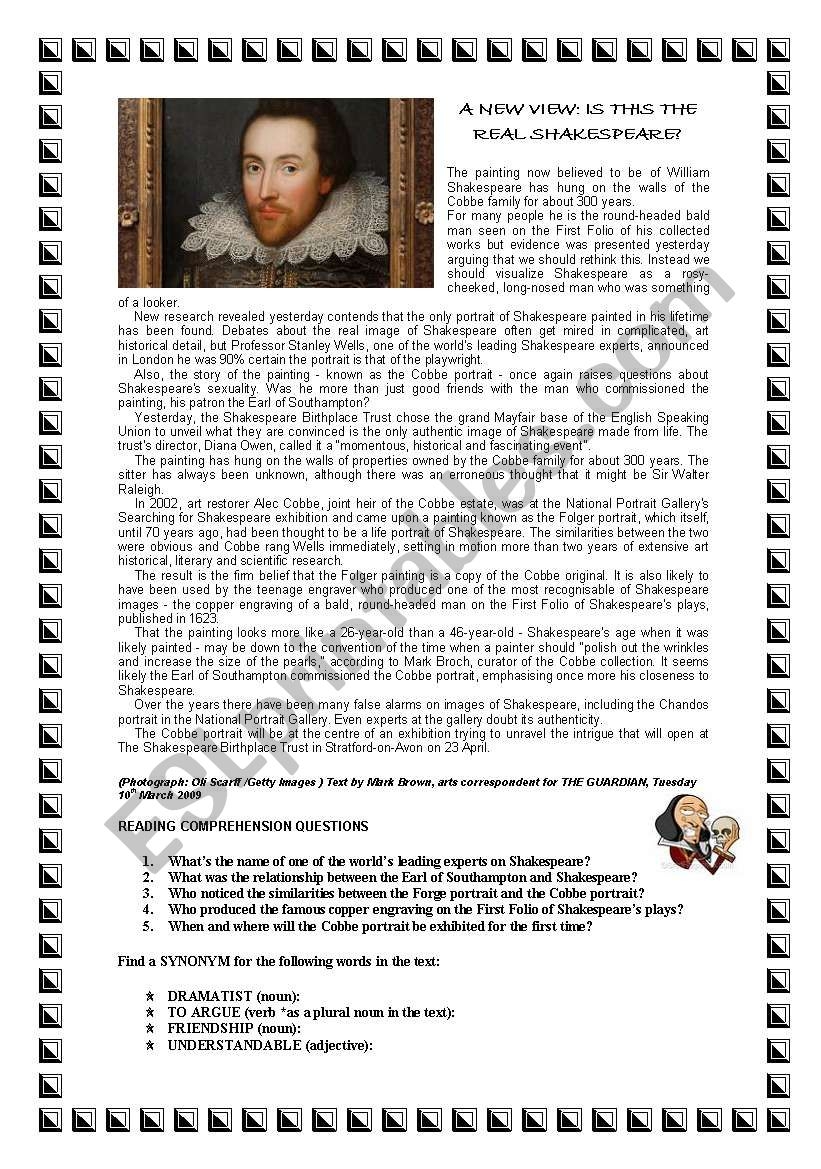 SHAKESPEARE S PORTRAIT READING COMPREHENSION WITH ANSWERS ESL Worksheet By Joebcn