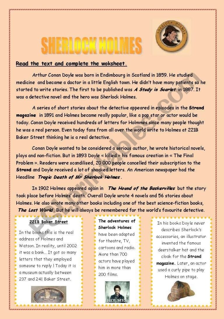 SHERLOCK HOLMES Presentation Reading Comprehension Crosswords 