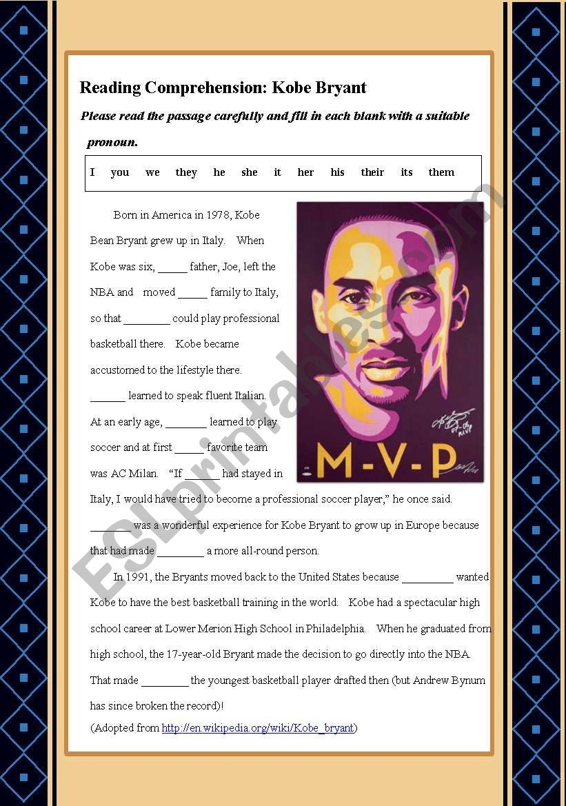 Short Bio Of Kobe Bryant ESL Worksheet By Agtommak