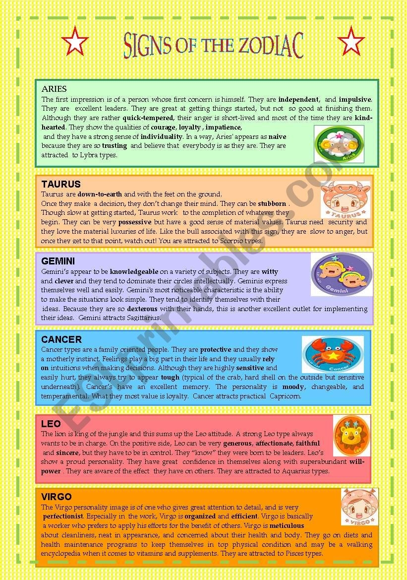 SIGNS OF THE ZODIAC ESL Worksheet By FELIXIN