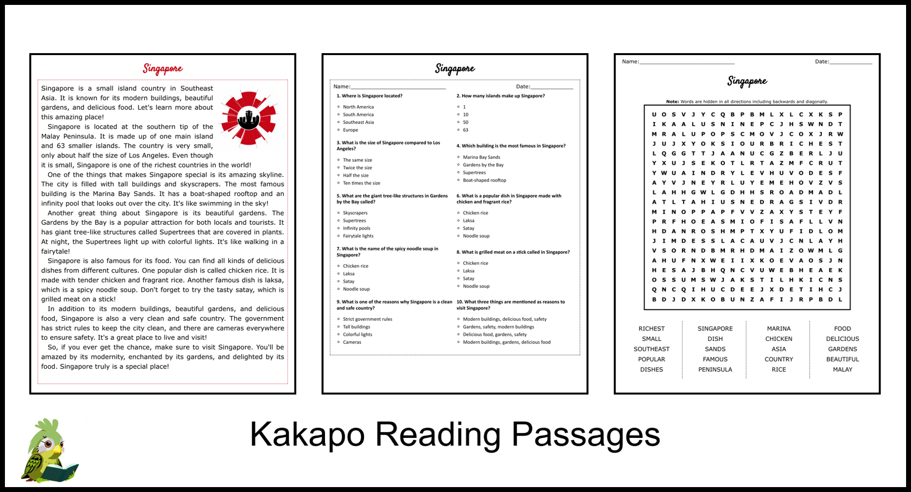 Singapore Reading Comprehension And Word Search Teaching Resources