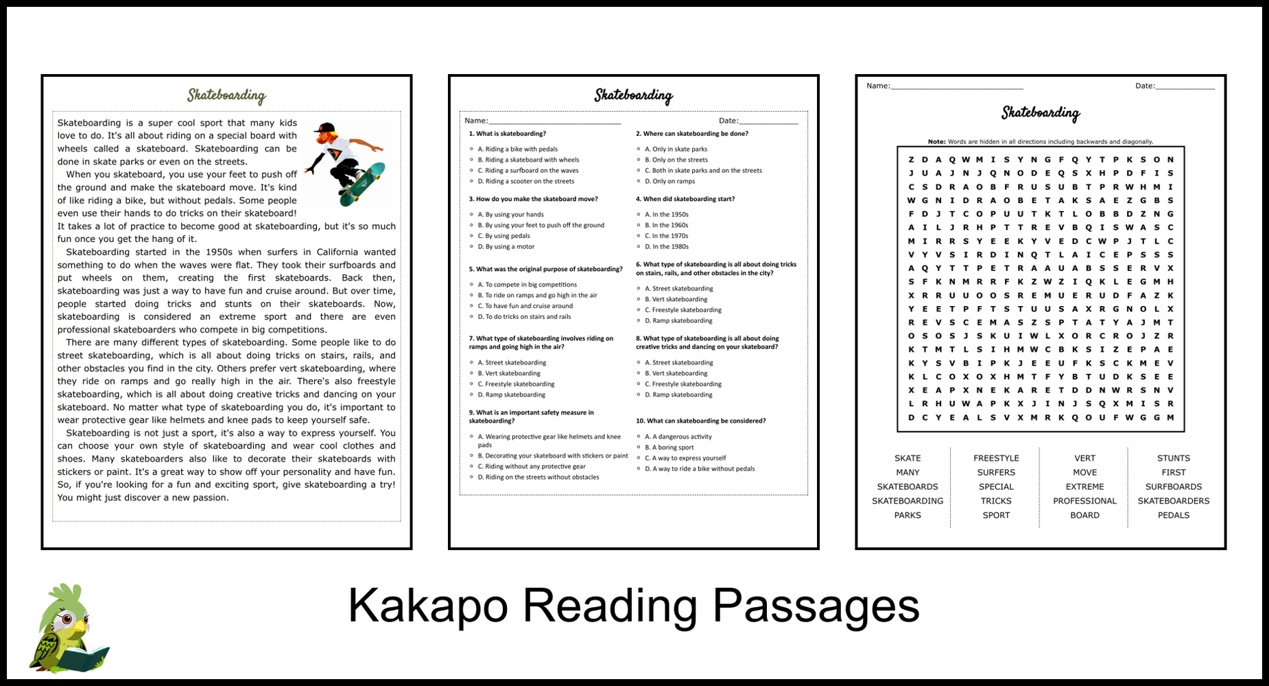 Skateboarding Reading Comprehension And Word Search Teaching Resources