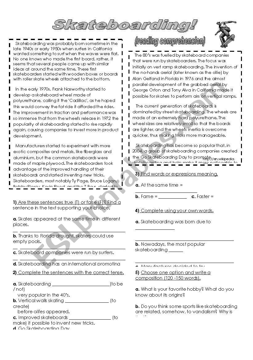 Skateboarding reading Comprehension ESL Worksheet By Akanah