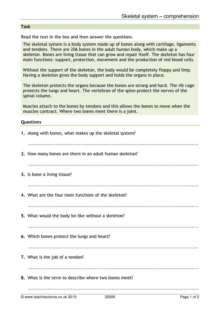 Skeletal System Comprehension KS3 Biology Teachit