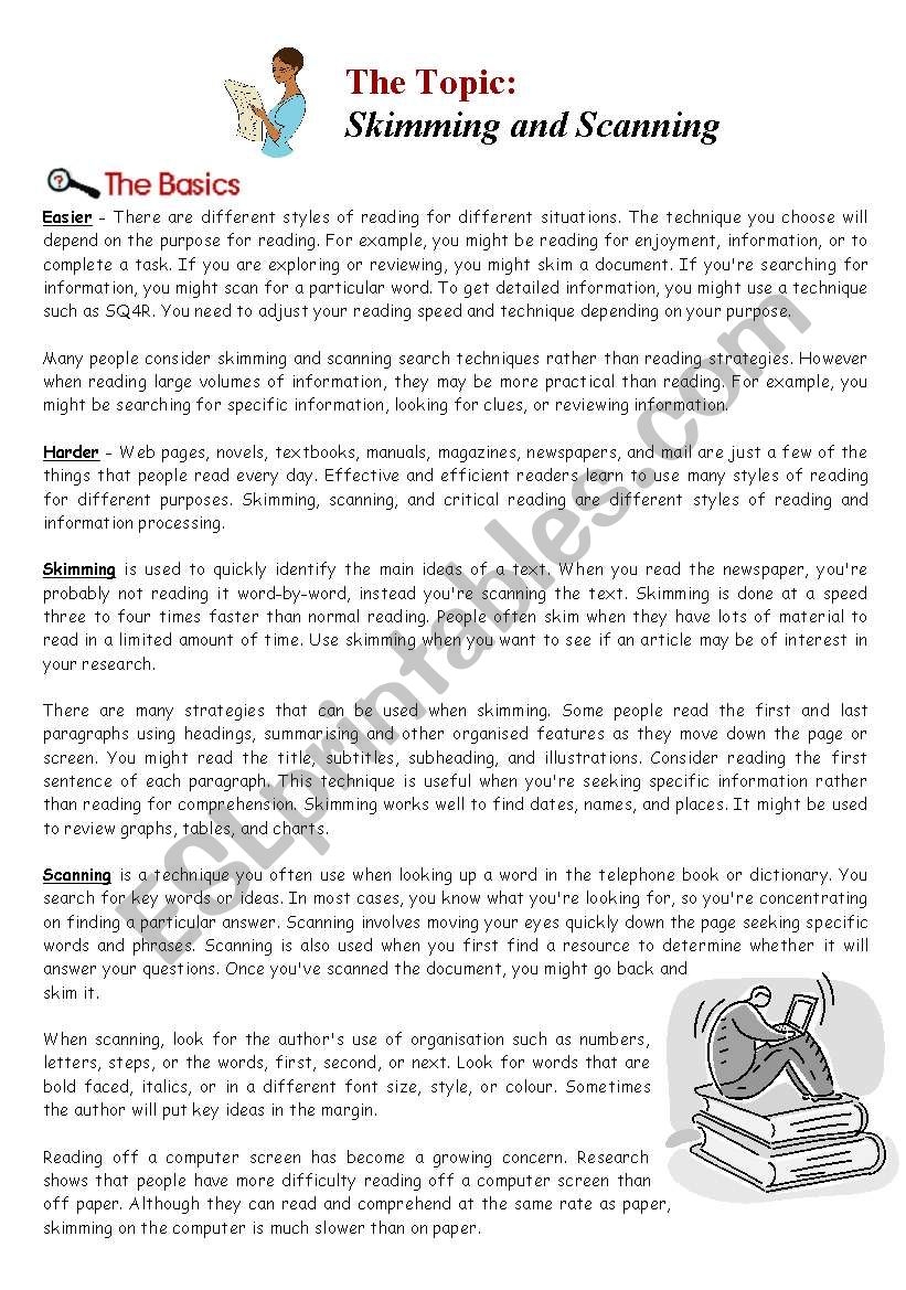 Reading Comprehension Skimming And Scanning Worksheets