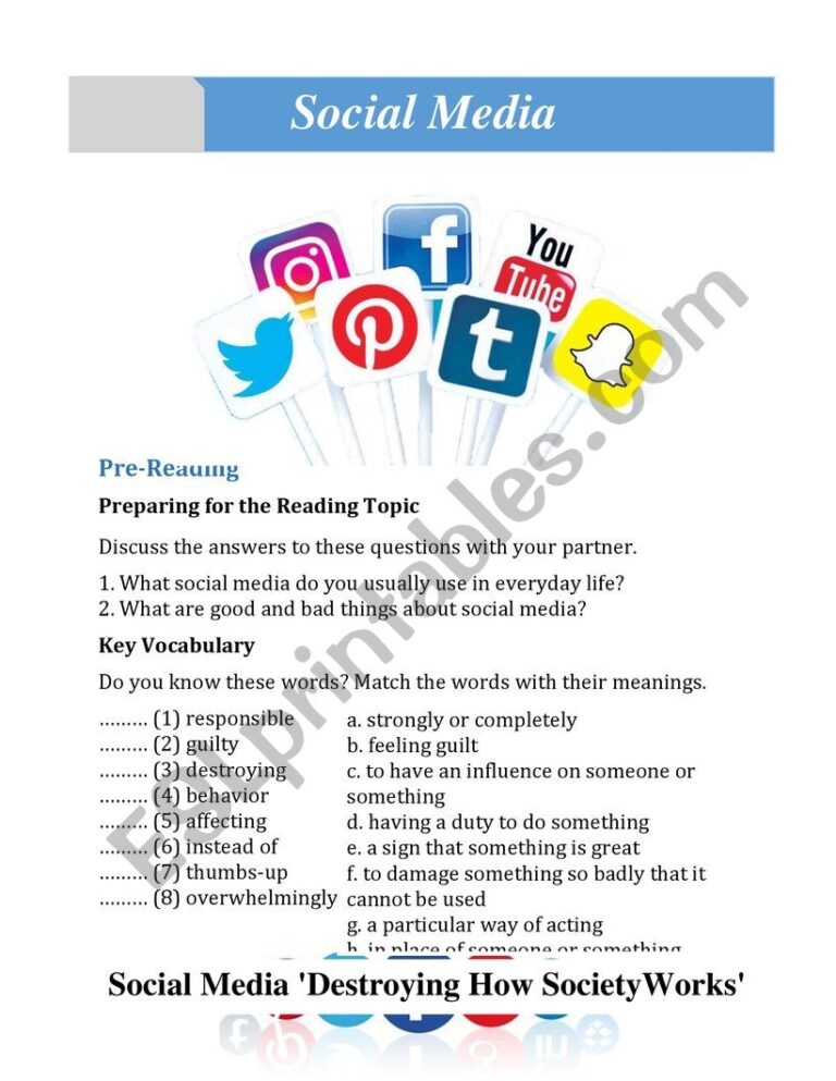 Social Media ESL Worksheet By Nontanoon
