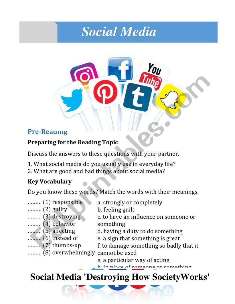 Social Media ESL Worksheet By Nontanoon