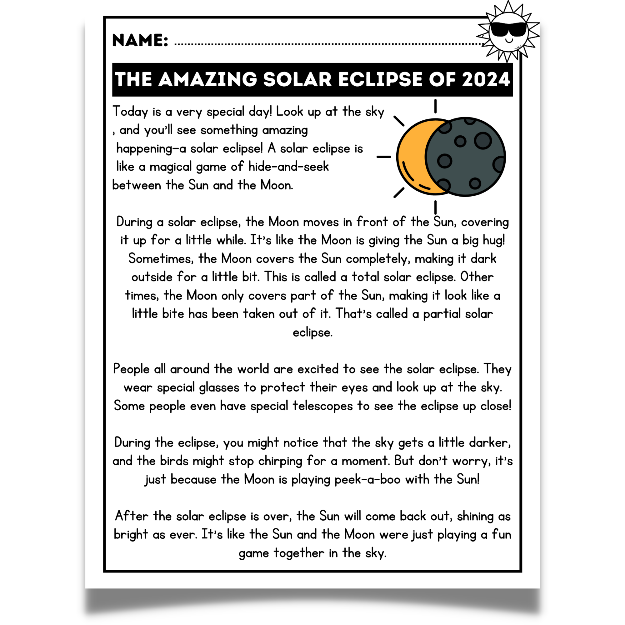 Solar Eclipse 2024 Reading Comprehension Passage For 1st Grade April Activities