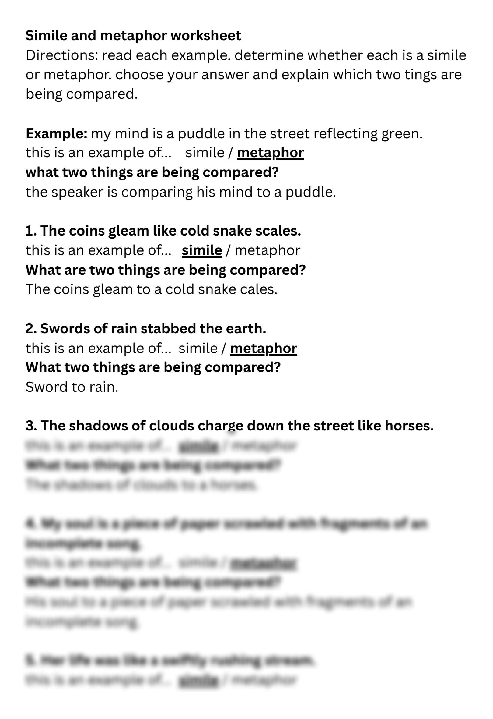 SOLUTION Simile And Metaphor Worksheet Studypool Worksheets Library