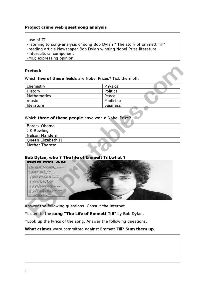 Song Analysis The Death Of Emmett Till ESL Worksheet By OOV1