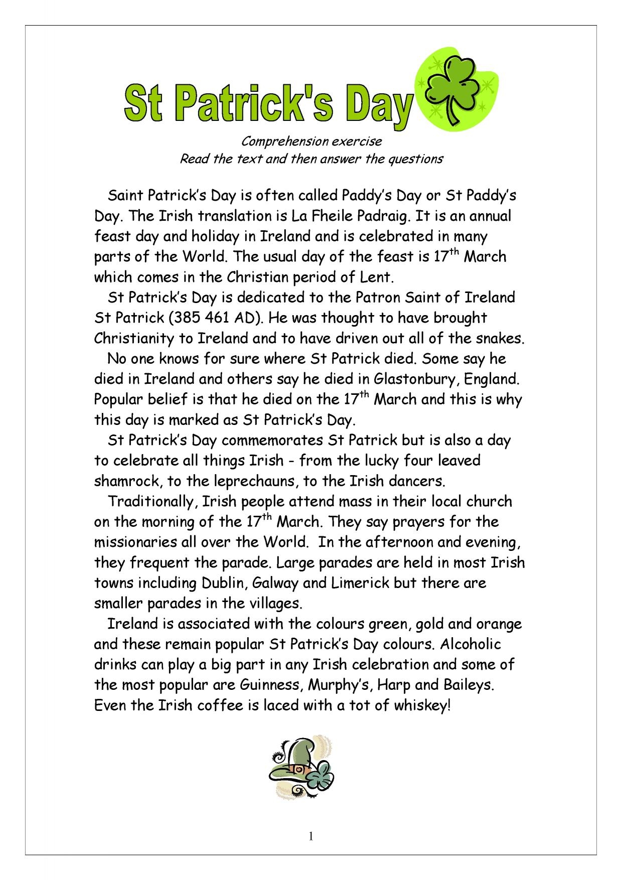St Patricks Day Comprehension KS2 Teachit Worksheets Library