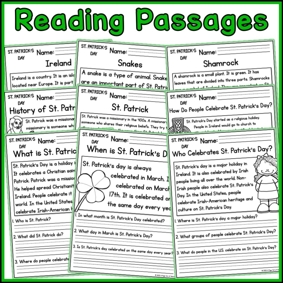 St Patricks Day Holidays Reading Comprehension Passages K 2