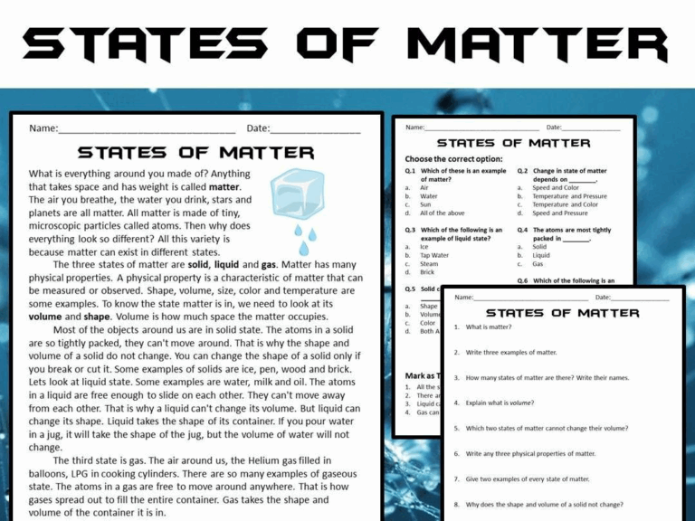 States Of Matter Reading Comprehension Passage And Questions PDF Teaching Resources