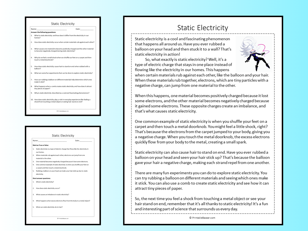 Static Electricity Reading Comprehension Passage Printable Worksheet Teaching Resources