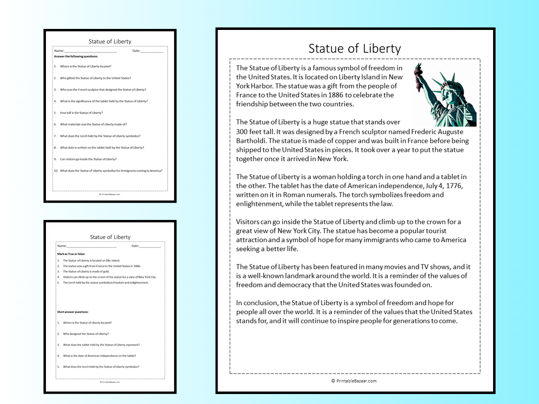 Statue Of Liberty Reading Comprehension Passage Printable Worksheet Teaching Resources