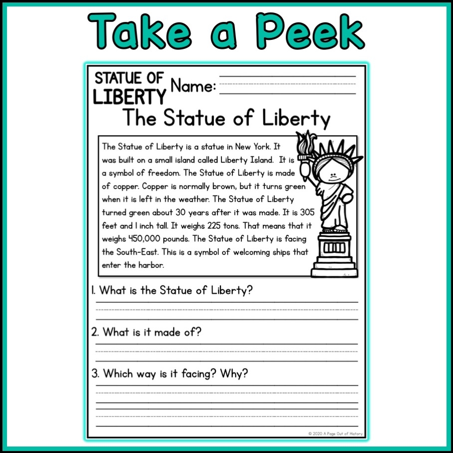 Statue Of Liberty Social Studies Reading Comprehension Passages K 2 Made By Teachers