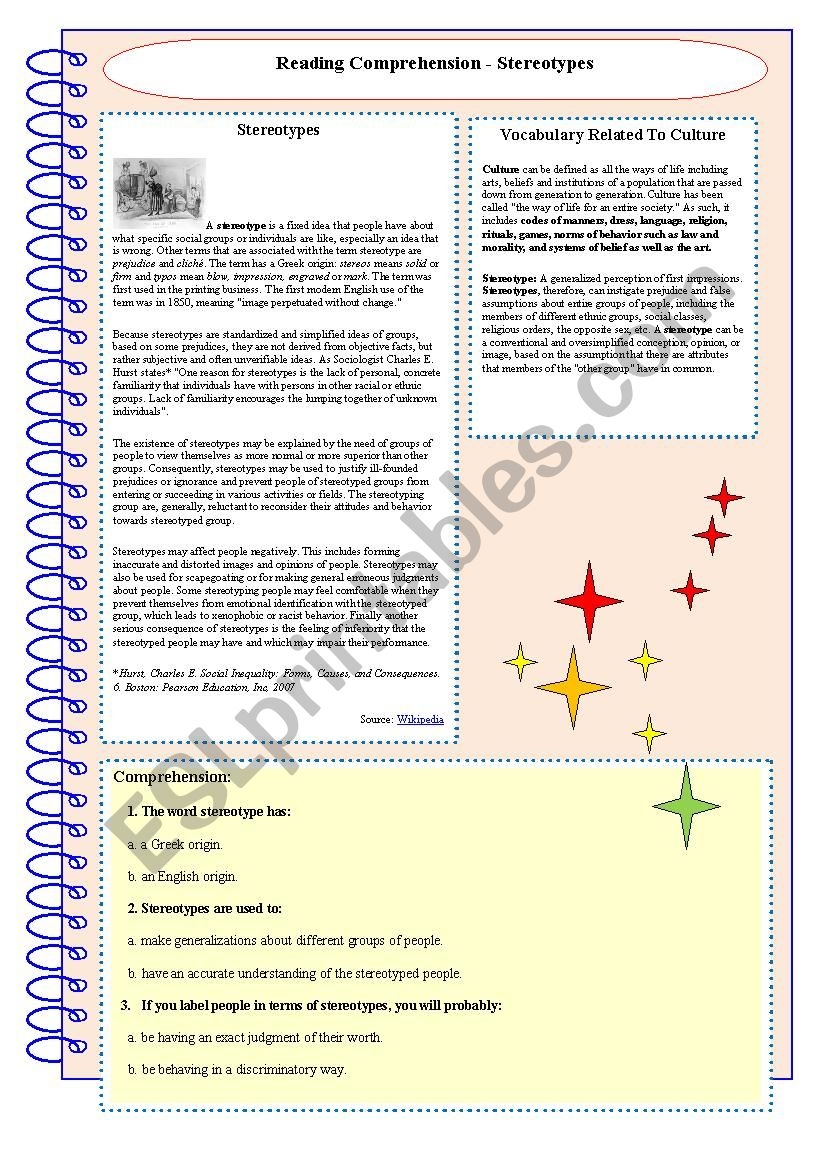 Stereotypes Reading Comprehension With Key ESL Worksheet By Ibizanightcluber