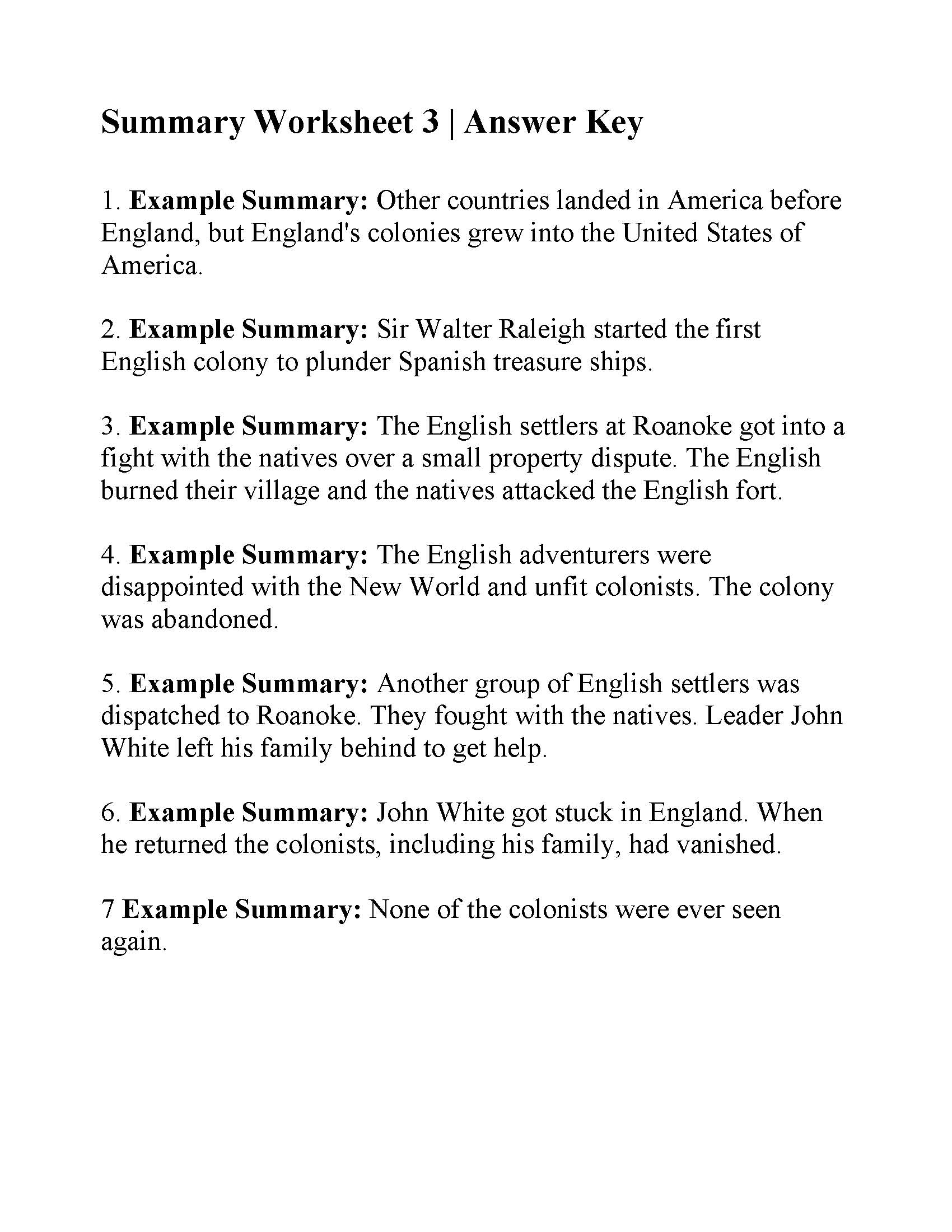 Reading Comprehension Summarizing Worksheet
