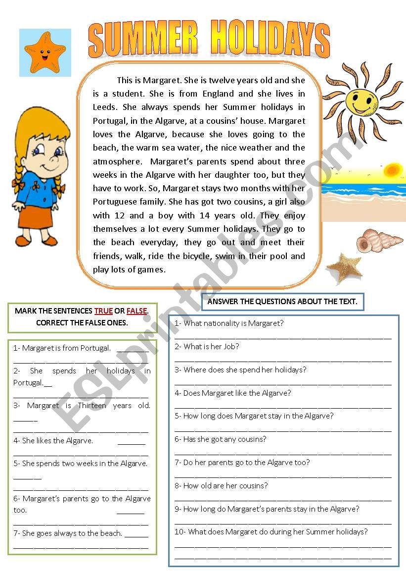 SUMMER HOLIDAYS READING AND COMPREHENSION ESL Worksheet By 