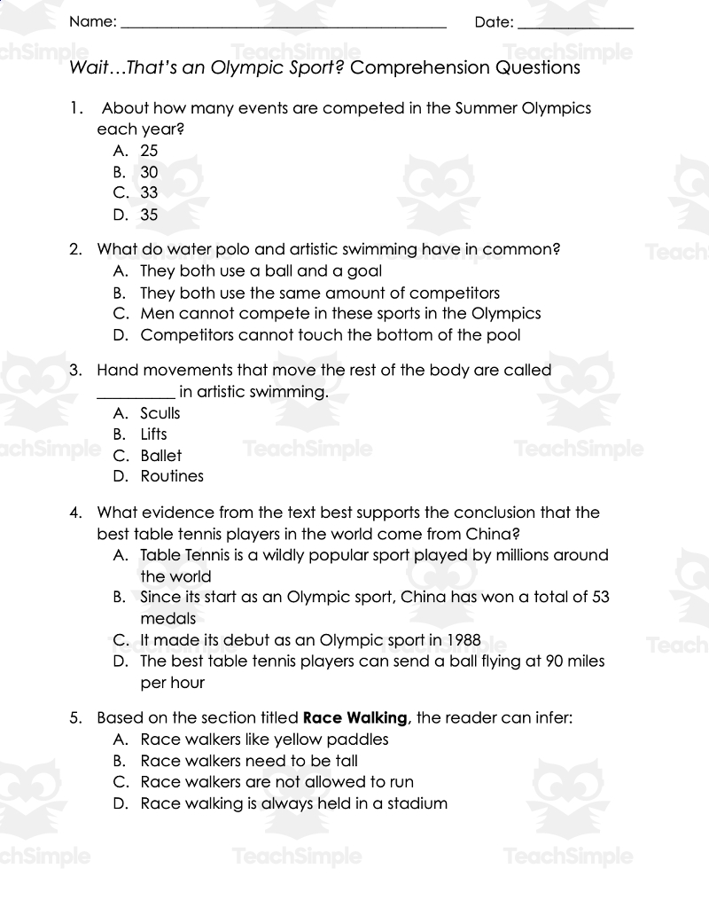 Summer Olympics Reading Passage And Questions 2nd 5th Grade Version By Teach Simple