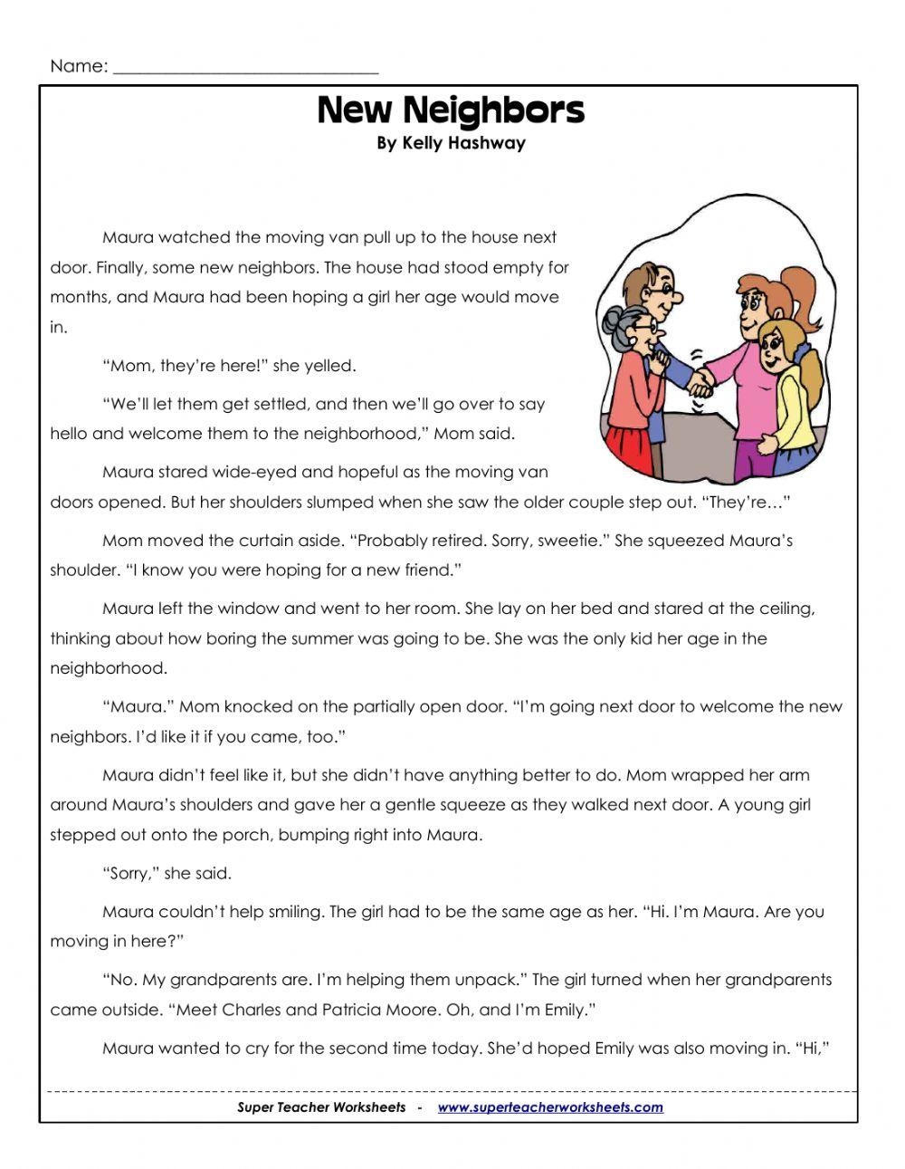 Super Teacher New Neighbors WS Grade 3 Reading Online Exercise Worksheets Library