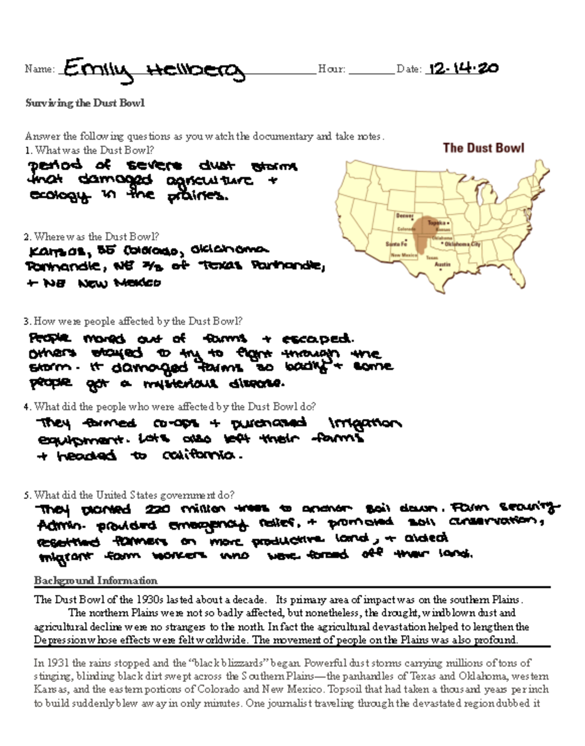 Dust Bowl Reading Comprehension Worksheet