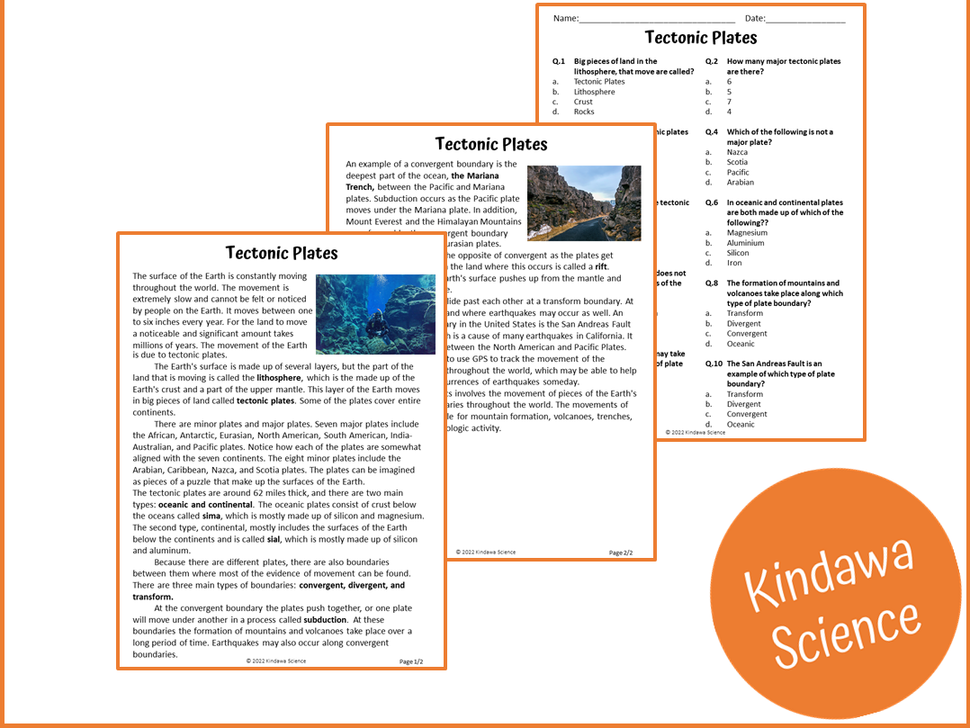 Plate Boundaries Reading Comprehension Worksheet