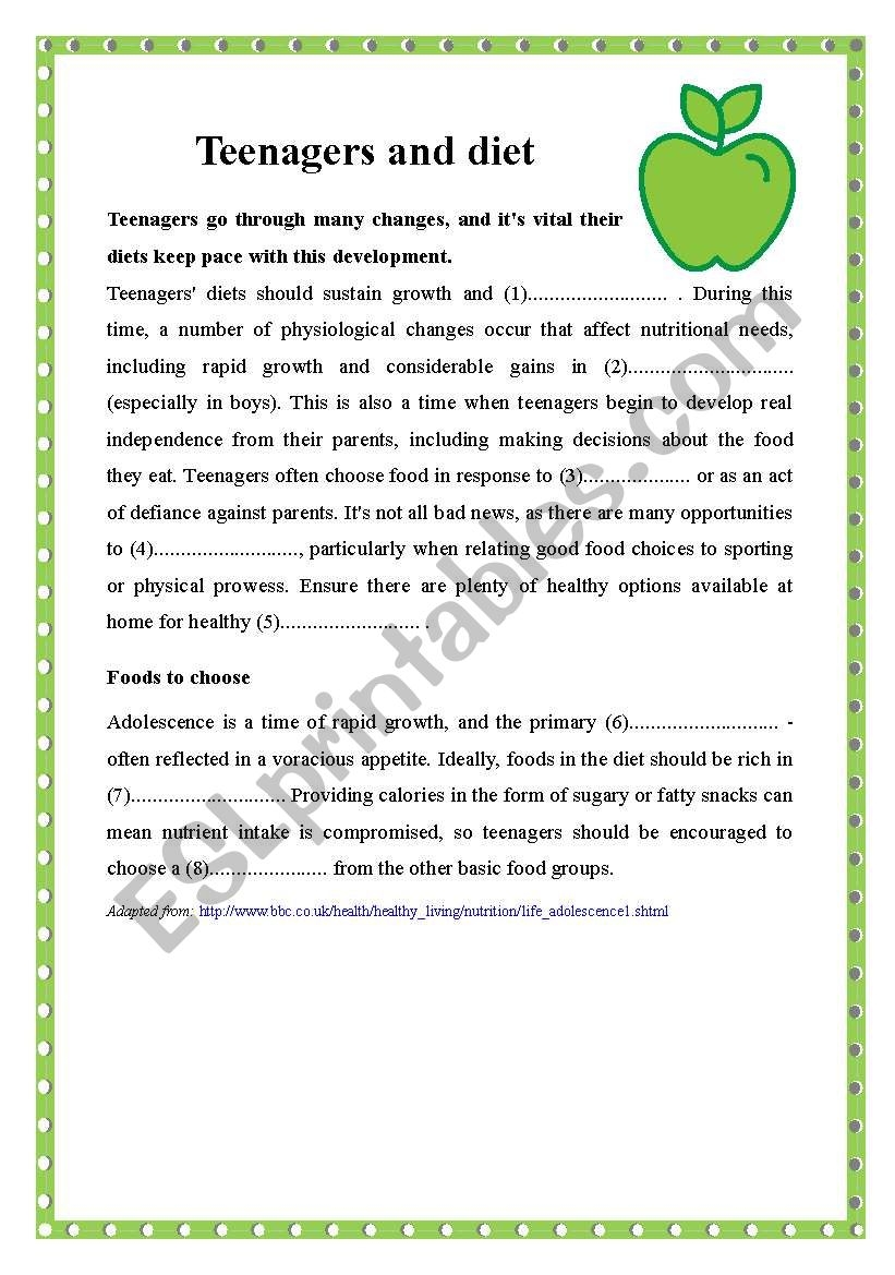 Teenagers And Diet Reading Comprehension ESL Worksheet By 