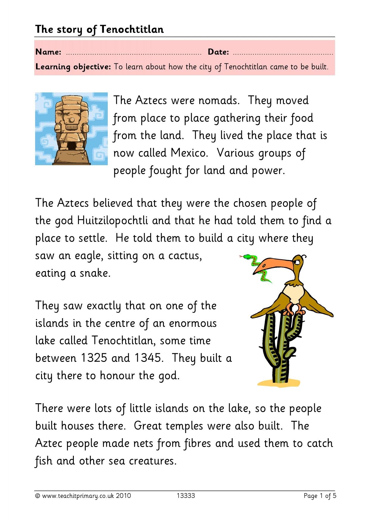 Tenochtitlan Comprehension Tasks Aztecs KS2 History Teachit