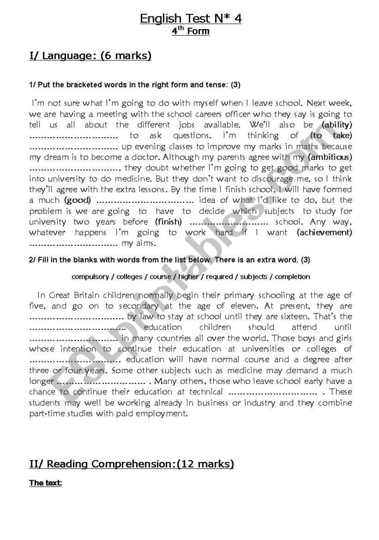 Tes N 4 For Bac Pupils reading Comprehension language writing About Education And Online Learning test N 4 For 3 Rd Year Pupils Reading Comprehension About Diseases And Medecine Language And Writing