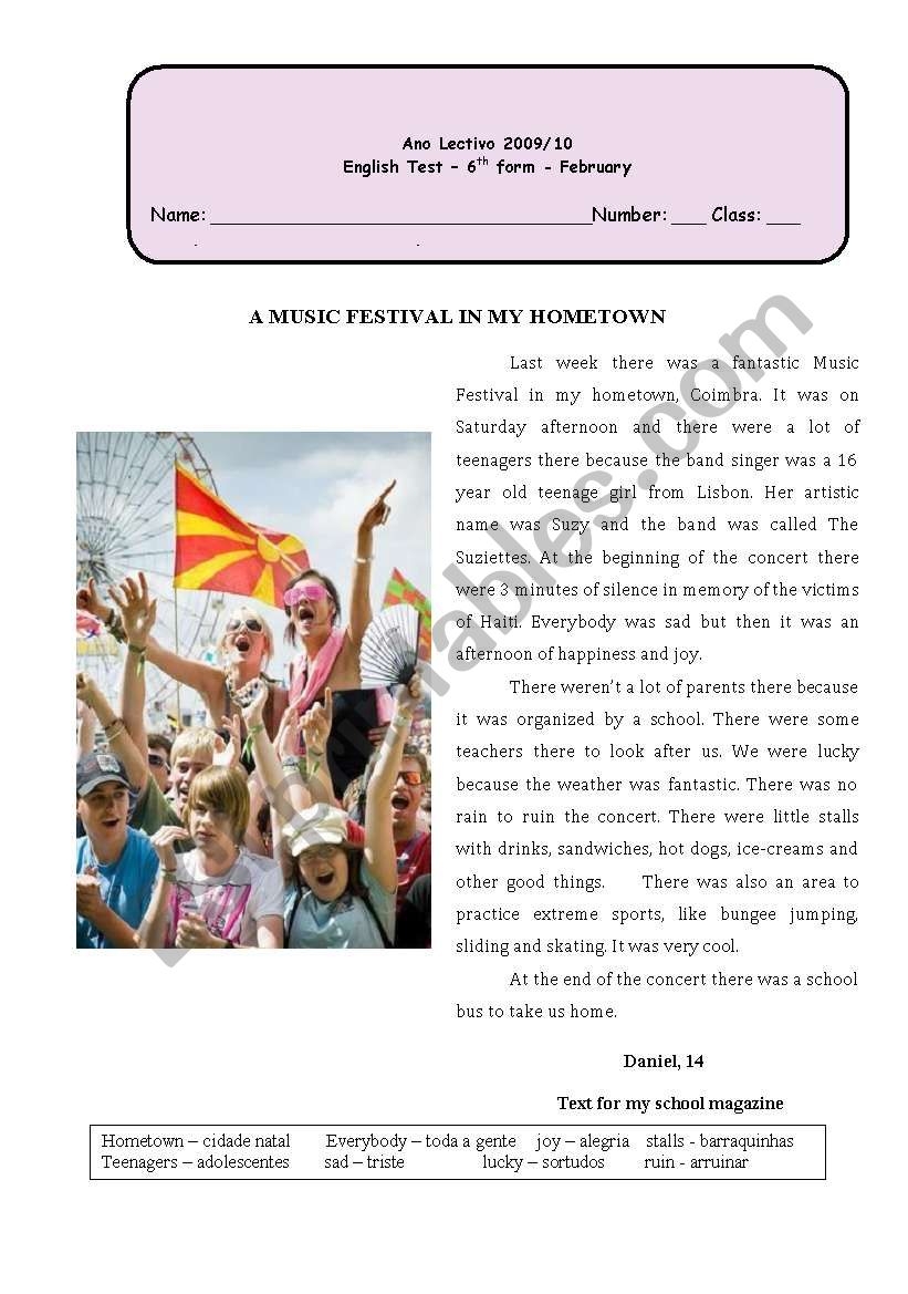 Test A Music Festival In My Hometown ESL Worksheet By Sandramaisa