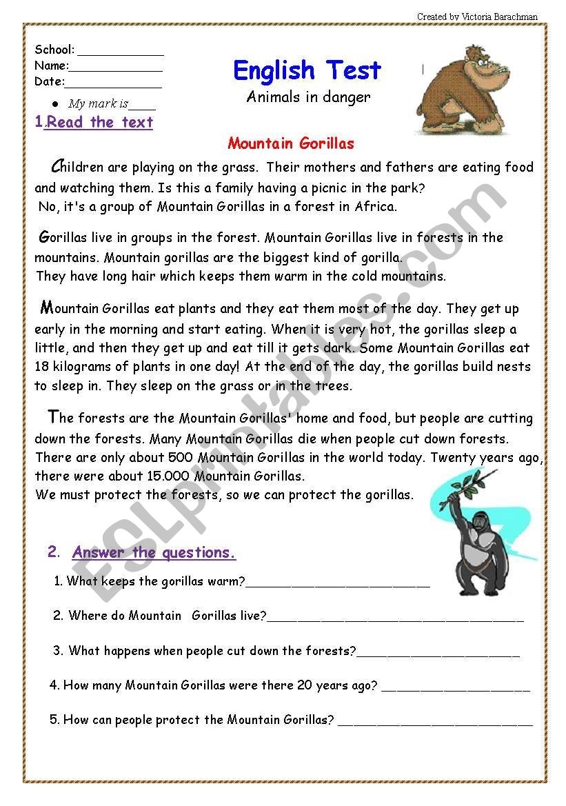 Test Animals In Danger 5 Pages Reading Comprehension And Writing ESL Worksheet By Victoria Ladybug