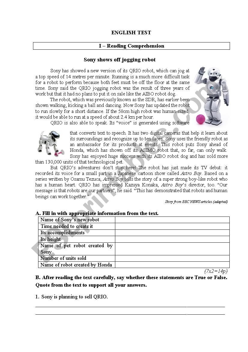 Test On Robots And Technology 2 ESL Worksheet By Carlasaduarte