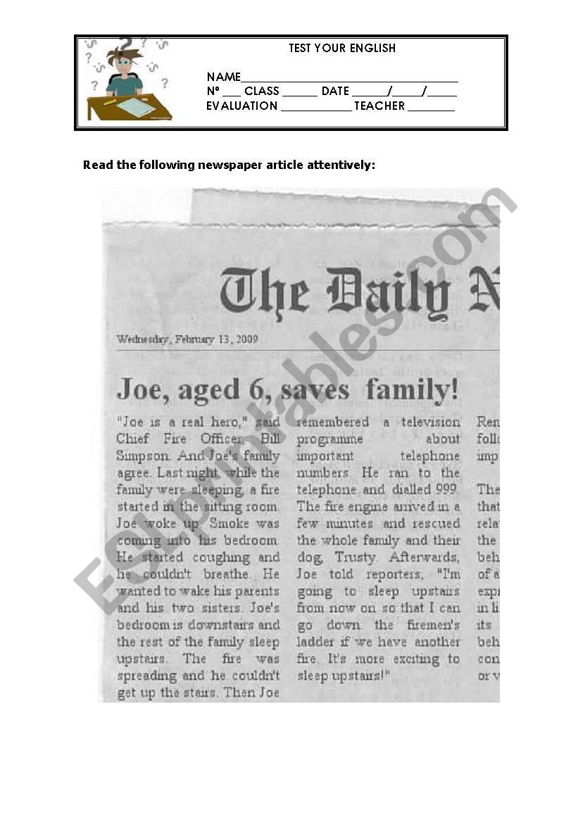 Reading Comprehension Newspaper Article Worksheet