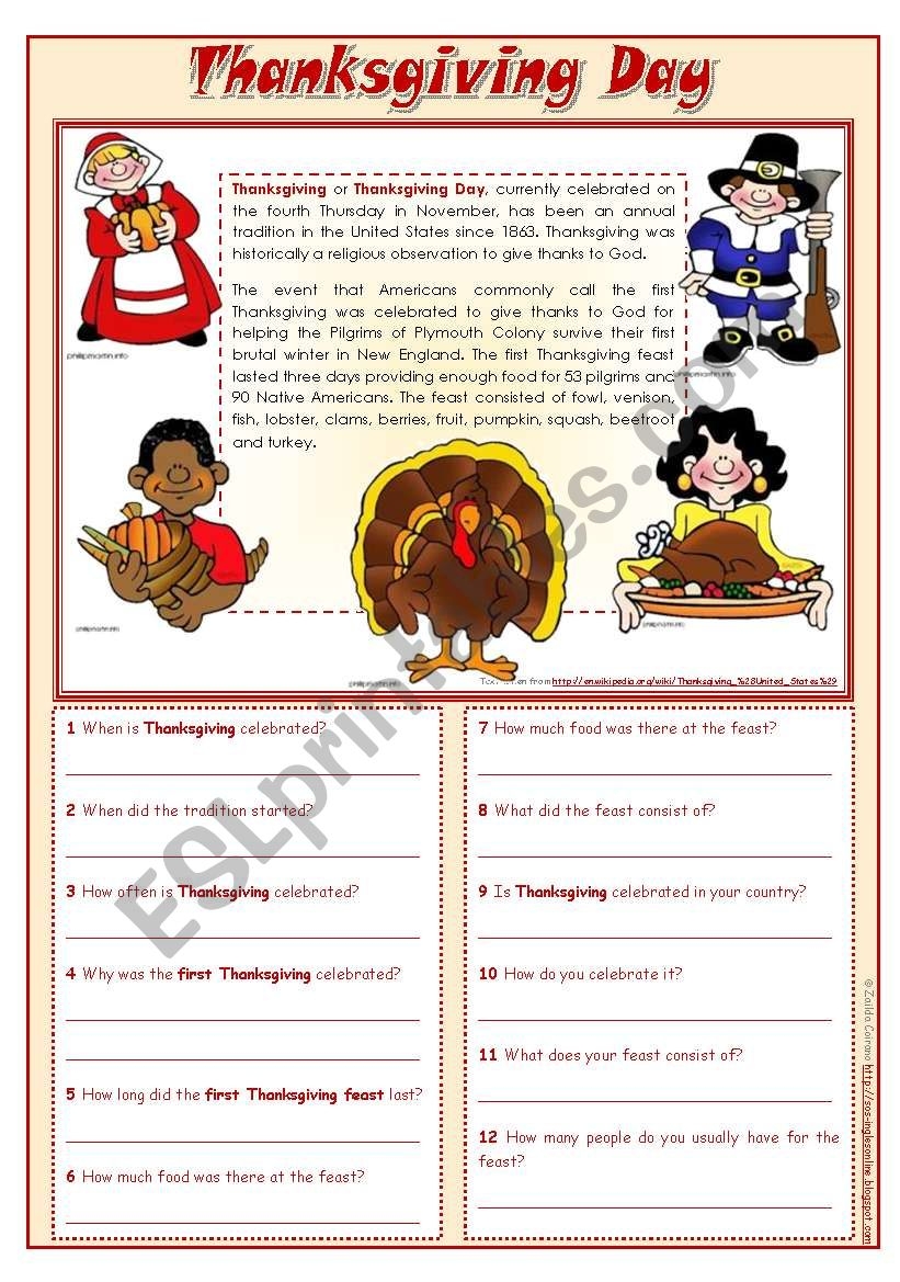 Thanksgiving Reading Comprehension Worksheet For Kindergarten