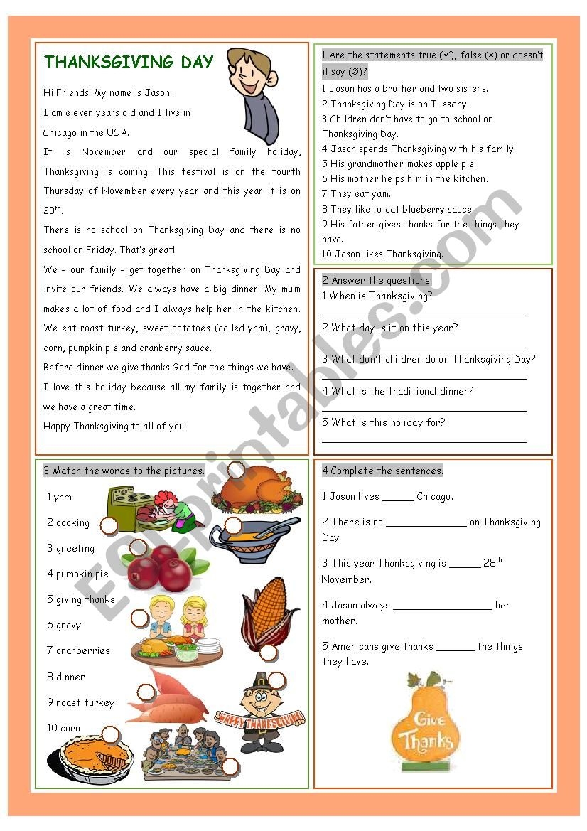 Thanksgiving Day Reading Comprehension ESL Worksheet By 