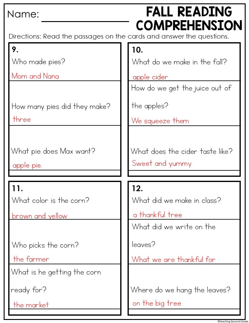 Thanksgiving Reading Comprehension Center For 1st And 2nd Grade Fun Literacy